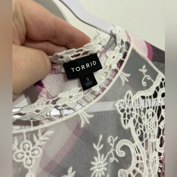 Torrid Plaid Crochet Lace Crinkle Gauze Blouse - Picture 9 of 13